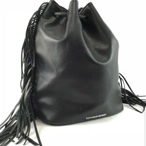 NEW! VICTORIA SECRET Black Vegan Leather Fringe Backpack Bag.